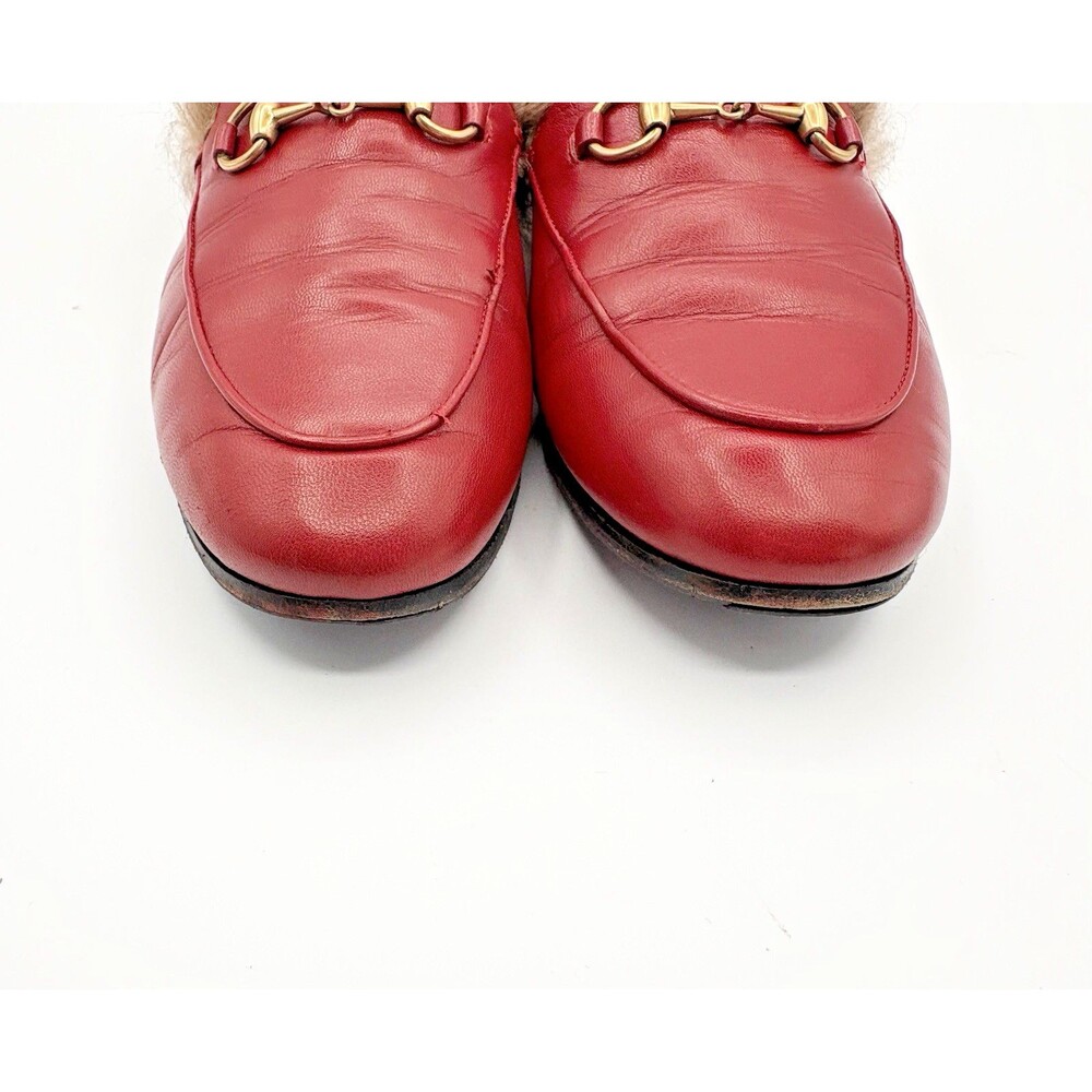 Gucci Red Leather Jordaan Loafers w/ Fur Shearling Trim & Gold Horse-bit EU 37 - Picture 5 of 10
